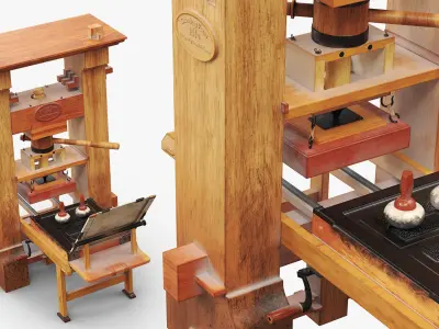 Gutenberg Printing Press with Ink Table Brown Vintage 3D model
