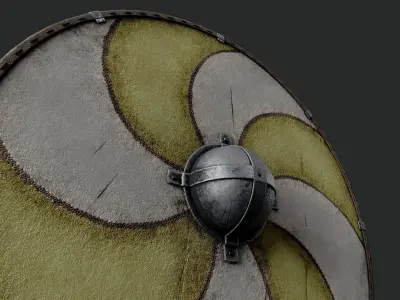 Slavic round leather shield-painted yellow and white sun wheel Low-poly 3D model