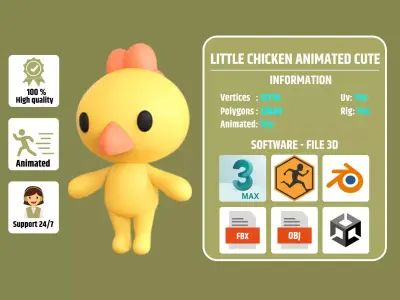 Little Chicken Animated Cute 3D Models For Games And Animations Low-poly 3D model