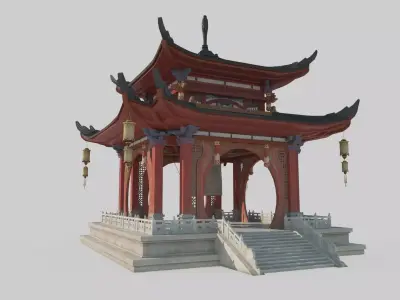 Asian ancient architecture luxury pavilion copper clock 3D model