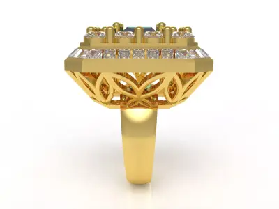 Baguette Stone Round Diamond Halo Ring 3D print model