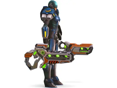 Woman Cyborg Soldier with Rifle and Pistol  Low-poly 3D model