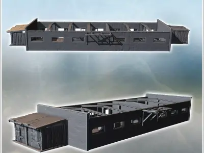 Long industrial shed with exposed beams corrugated walls and mul 3D print model