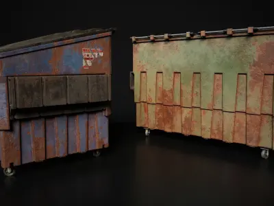 Old Rusted Trash Bins and Bags Low-poly 3D model