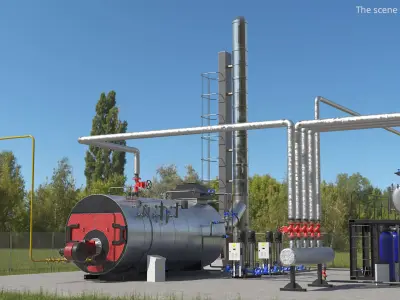 Horizontal Steam Boiler with Chimney Stack 3D model