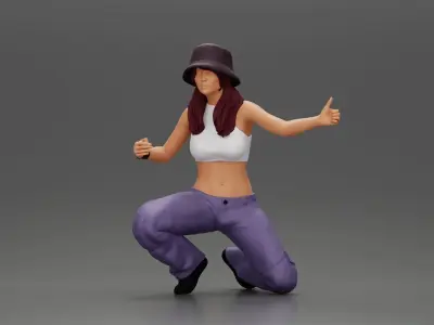 Girl wearing hat and pants sitting holding sign and hitchhiking 3D print model