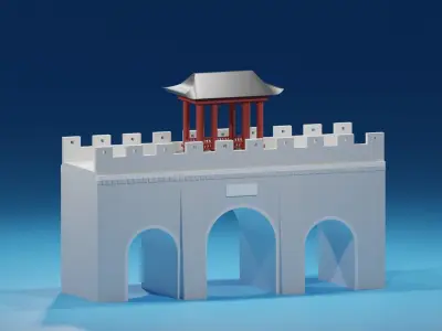 Chinese Stone Bridge Gate and Pavilion Low-poly 3D model
