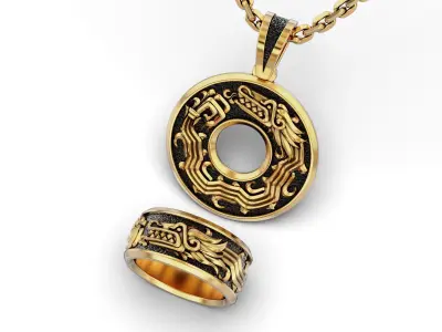 Aztec Quetzalcoatl Dragon Ring and Pendant 3D Model Pack