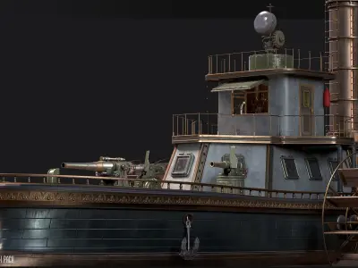Steampunk Battleship 3D Game Ready Kitbash Textured Low-poly 3D model