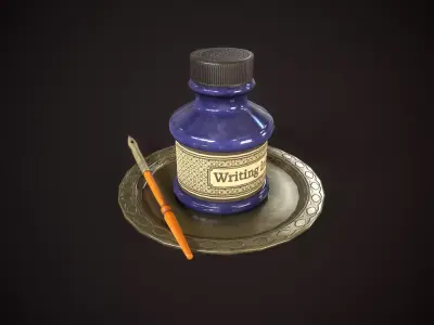 Vintage old inkwell and ink pen Low-poly 3D model