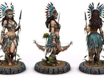 Native american warrior woman on stand with bow high poly 3D model