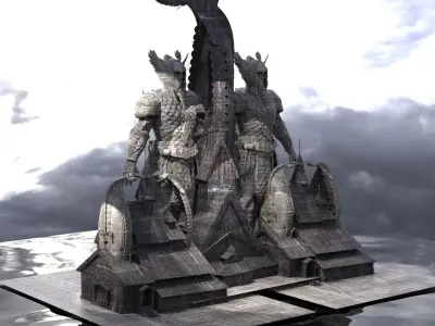 Viking Hall exterior ship design With Statue of warrior 3 3D model