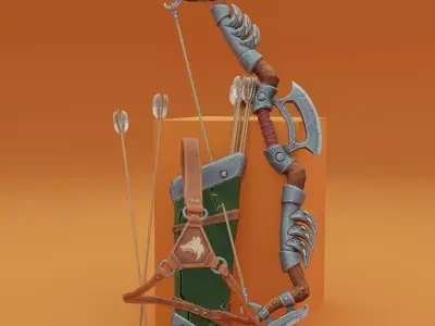 Fantasy Wooden bow with armor blades and stylized quiver Low-poly 3D model