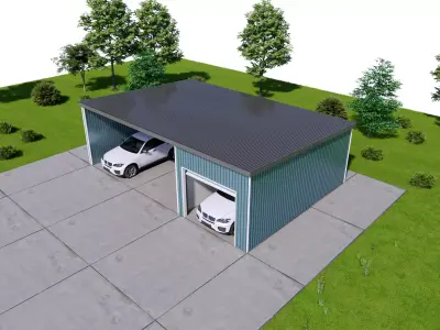 Modern Double Garage with Carport-Metal Shed Storage Building 3D model
