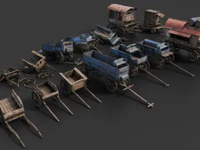 Medieval Wooden Carts and Wagons pack Low-poly 3D model