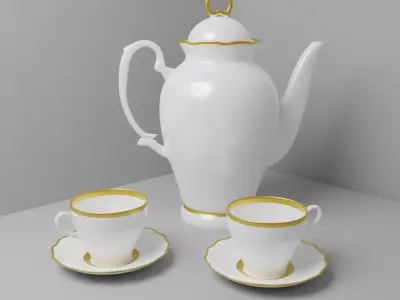 Antique tea set for two with elegant teapot Low-poly 3D model