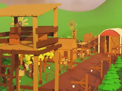 Village Scene with Detailed Environment Low-poly 3D model