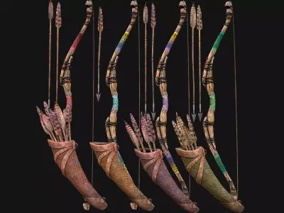 Archer Set Bow Quiver Straw Target Arrows Medieval Weapons Low-poly 3D model