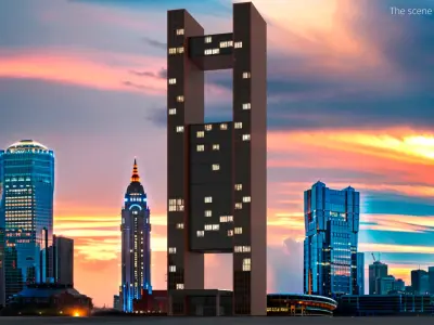 High-Rise Twin Column Complex with Sky Platform 3D model