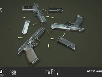 pistol guns and bullets Low-poly 3D model