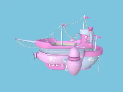 Cartoon Airship 03 - Pink Blue- Low Poly Ship Low-poly 3D model