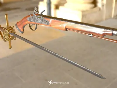 Flintlock Pistol and Rapier Sword Low-poly 3D model