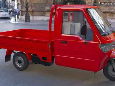 Asian Delivery Trike with Open Body Red Rigged 3D model