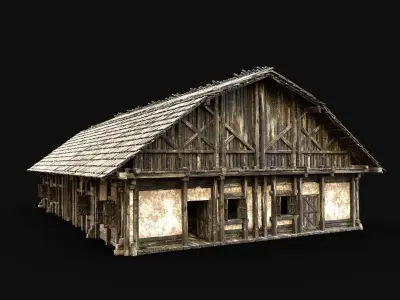 ENTERABLE LONG HOUSE BARN FOLK HUT FARM COTTAGE WOODEN CABIN AAA Low-poly 3D model
