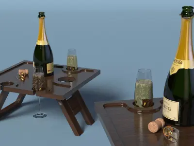 Champagne Picnic Table with Glasses and Cork 3D model