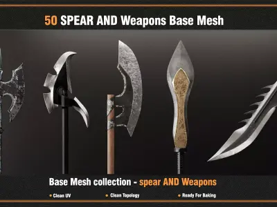 50 SPEAR AND Weapons Base Mesh - VOL 01-  Game Ready  Low-poly 3D model