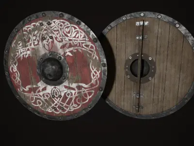 Medieval viking round shield with Yggdrasil tree Game ready Low-poly 3D model