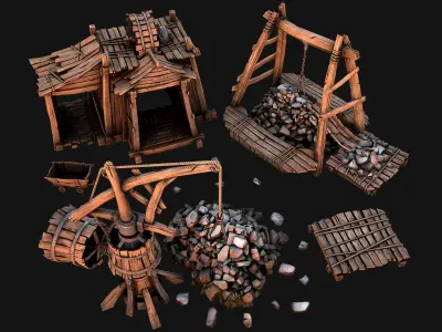Mine Quarry Crane Industrial Set Crystal Ore Low-poly 3D model
