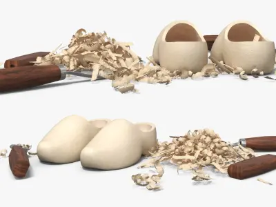 Handcrafted Wooden Clogs with Carving Tools Beige 3D model