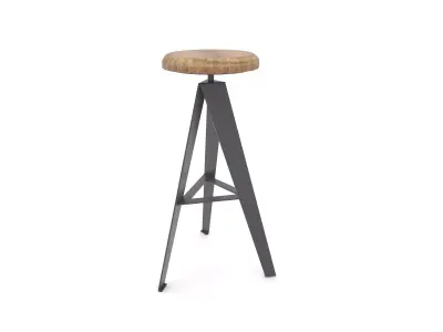 Industrial Wooden Bar Stool - Round Seat Metal Frame 3D model