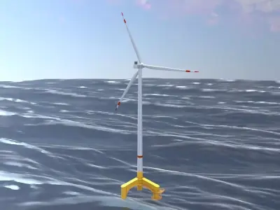 Wind turbine with Offshore Foundation V1 H-175 RD 172m animation Low-poly 3D model