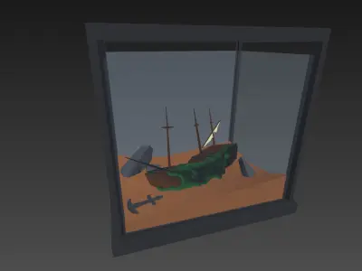 Low poly aquarium ship in glass case Low-poly 3D model