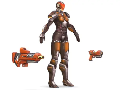 Woman Cyborg Soldier Female with Rifle and Pistol Low-poly 3D model