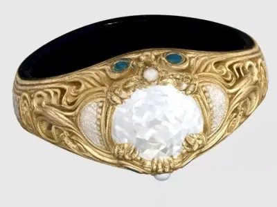 Royal Antique Style Gold Ring with Diamond and Sapphires 3D print model