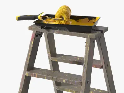 Wooden Painting Ladder Tool with Paint Roller 3D model