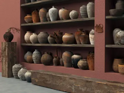 Vintage Primitive Pottery Vase Collection Wabi Sabi Decor PBR Low-poly 3D model