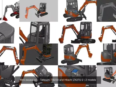 Mini excavators - Takeuchi TB230 and Hitachi ZX27U-2 3D Model Pack