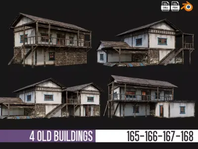 4 Old House Building Pack 4K Textures GameReady 165 to 168 Low-poly 3D model