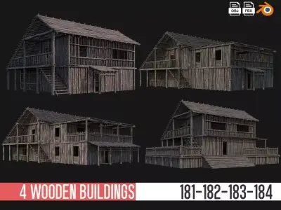 4 Old Wooden Buildings Pack 4K Textures GameReady 181 to 184 Low-poly 3D model