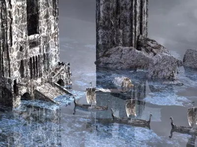 Ancient Frozen Viking Halls With ships 3D model