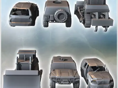 Set of three post-apocalyptic vehicles with vehicle carcasses bu 3D print model