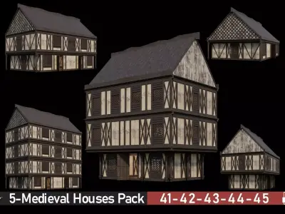 Medieval Houses Pack 41-42-43-44-45 - 4K Textures Game Ready Low-poly 3D model