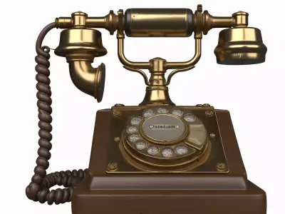 Antique Brass Bank Telephone 3D Model Rotary Dial Wooden 3D model