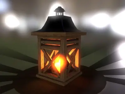 Burning candle in a wooden lantern 3D model