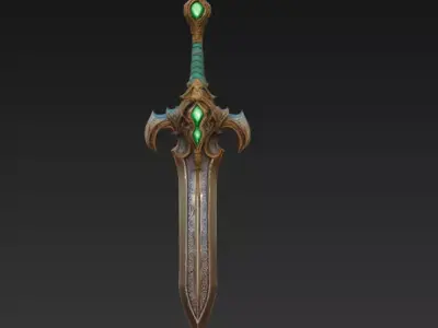Mystic Sword with Emerald Gemstones - High Detail 3D Model Low-poly 3D model