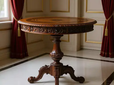 Ornate Wooden Table 3D Vintage Round Pedestal Table Carvings Low-poly 3D model